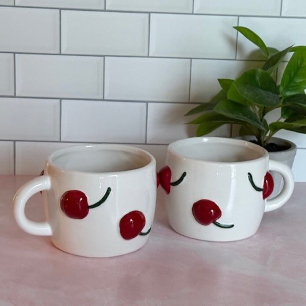 Target Brand Pair of Springtime Cherry Painted Mugs - Tea - Coffee - Hot Cocoa
